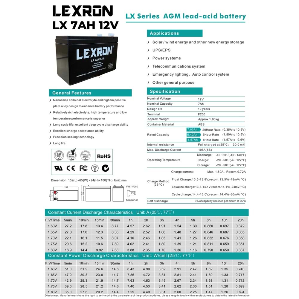 Lexron 7Ah Kuru Akü