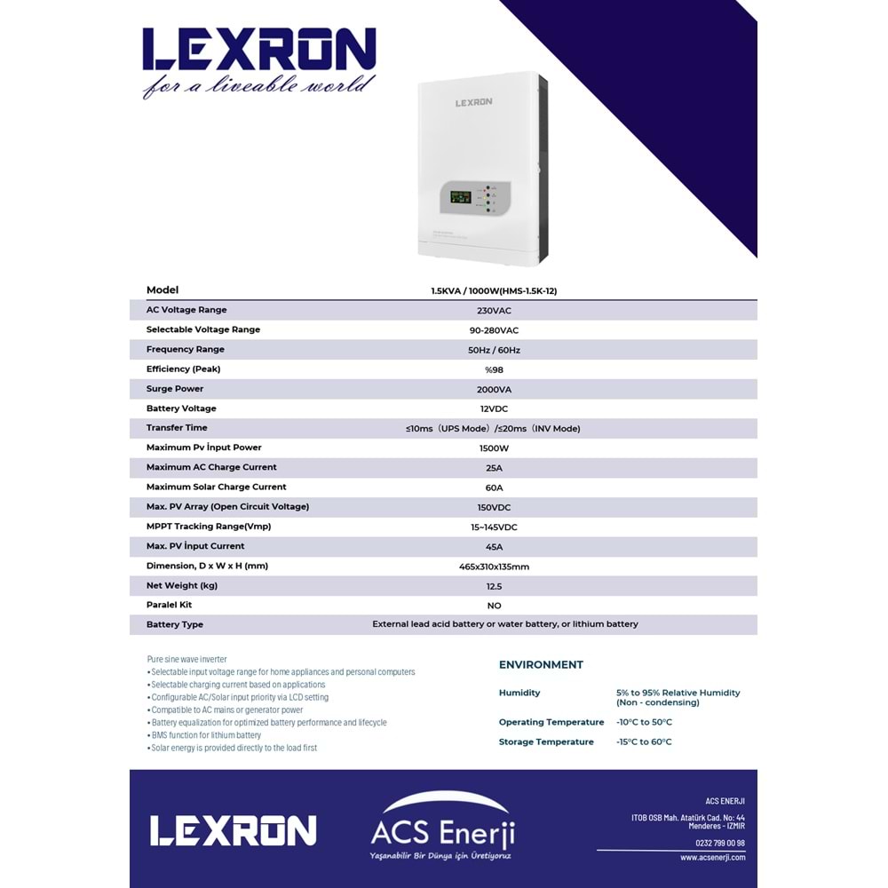 Lexron 1kW 1.5kVA 12V Mppt Akıllı Inverter