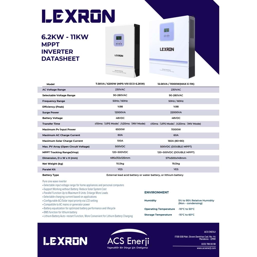 Lexron 11kW 12.5kVA 48V Mppt Akıllı Inverter