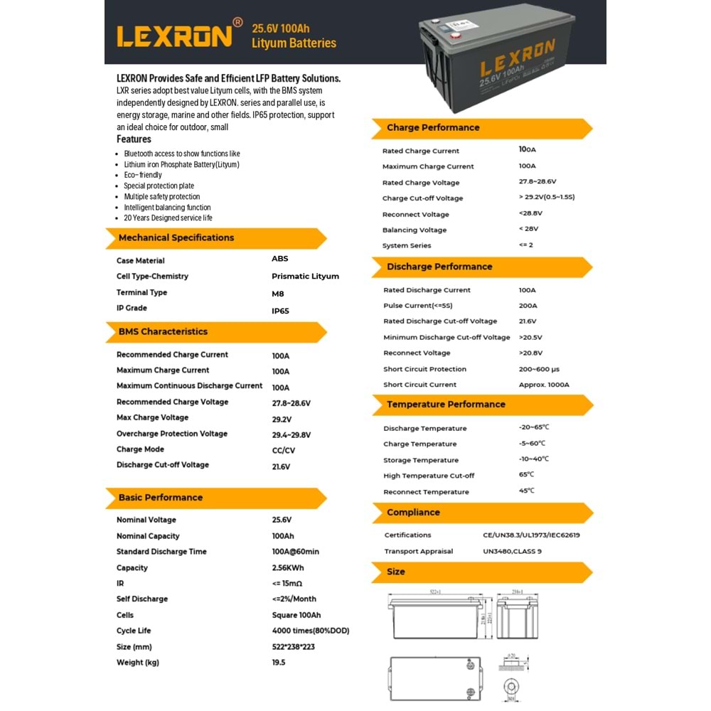 Lexron 100Ah 25.6V Lityum Akü