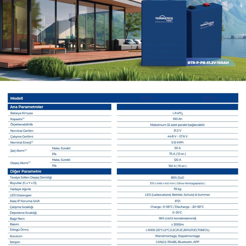 Tommatech 100AH 51.2V LiFePO4 LV Lityum Batarya