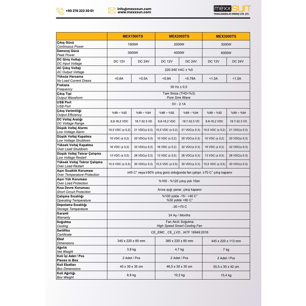 Mexxsun 1500W 24V Tam Sinüs Inverter