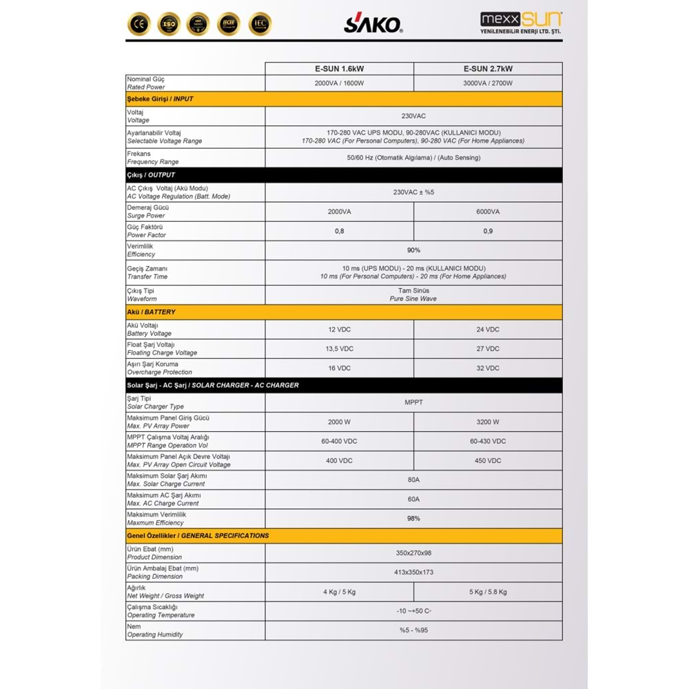 Sako E-Sun 1.6 kW 12 V Mppt Tam Sinüs Akıllı Inverter