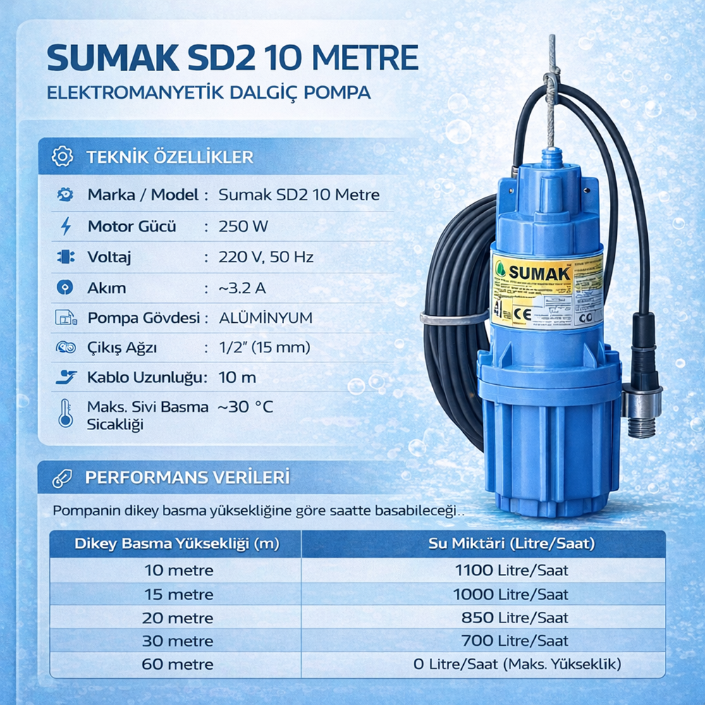 Sumak 250W 220V 10 Mt Elektromanyetik Dalgıç Pompa (SD2)