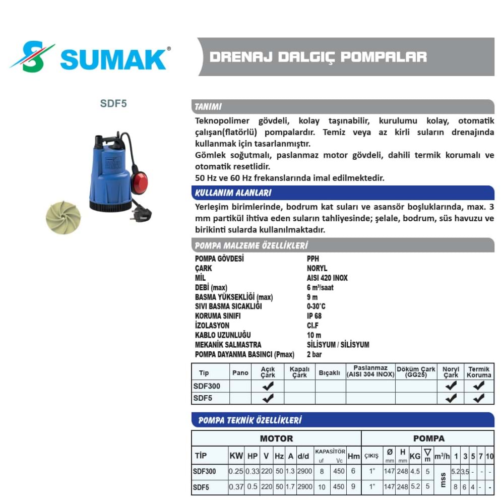 Sumak 0.85 HP 370W Drenaj Dalgıç Pompa (SDF5)