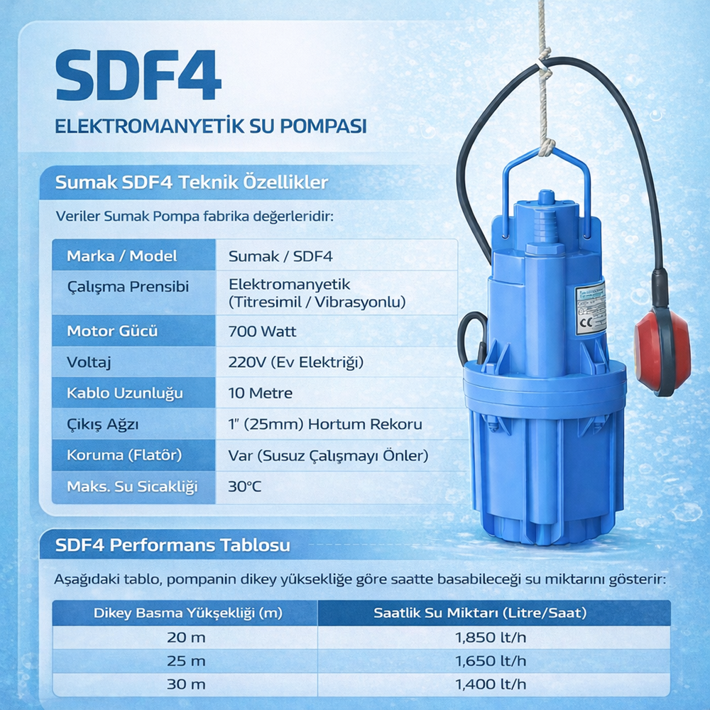 Sumak 0.85 HP 650W 10 Mt Flatörlü Elektromanyetik Dalgıç Pompa (SDF4)
