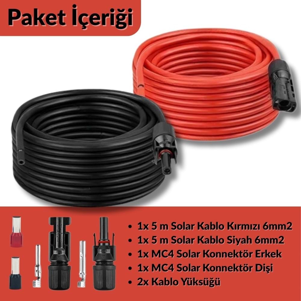 Solar Kablo Seti (6mm² - MC4 ve Yüksük Montajlı) 5+5 Metre