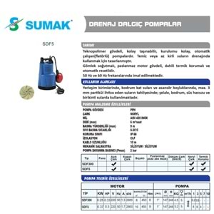 Sumak 0.85 HP 370W Drenaj Dalgıç Pompa (SDF5)