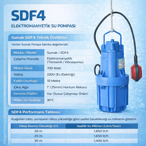 Sumak 0.85 HP 650W 10 Mt Flatörlü Elektromanyetik Dalgıç Pompa (SDF4)